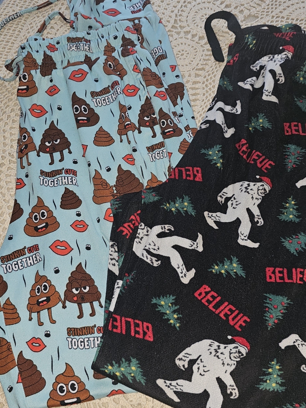 Women’s Novelty Pajama Pants Set - Light Blue Poop Emoji & Black Bigfoot Prints